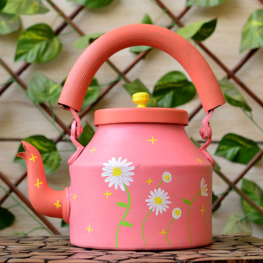 Cheerful Daisy Hand-Painted Tea Kettle | Coral Pink